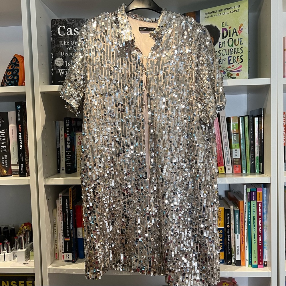 Zara Short Sequinned shirt dress (silver)